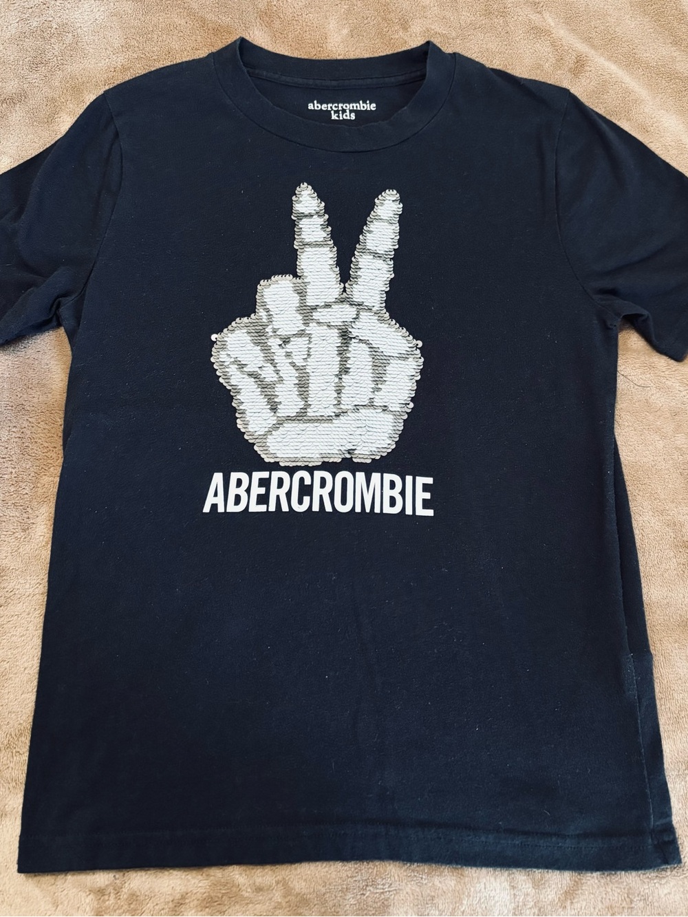 2/$10 Abercrombie and Fitch Black Tee with Silver Sequin Peace Sign Kids 9/10